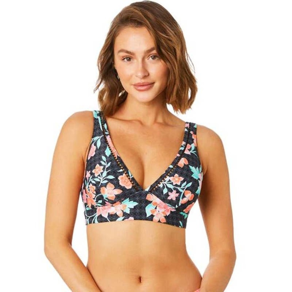 Sea Level Black Floral Mauritius Long Line Tri Bra Bikini Top NWT Size 4